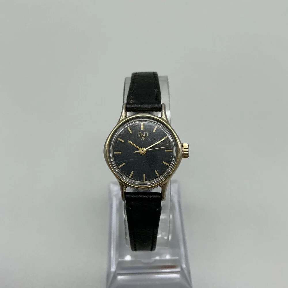 Vintage Q&Q Womens Watch 22mm Black Dial Gold Tone Manual Wind Leather Strap